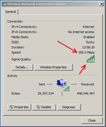 Wireless Network Connection Status window